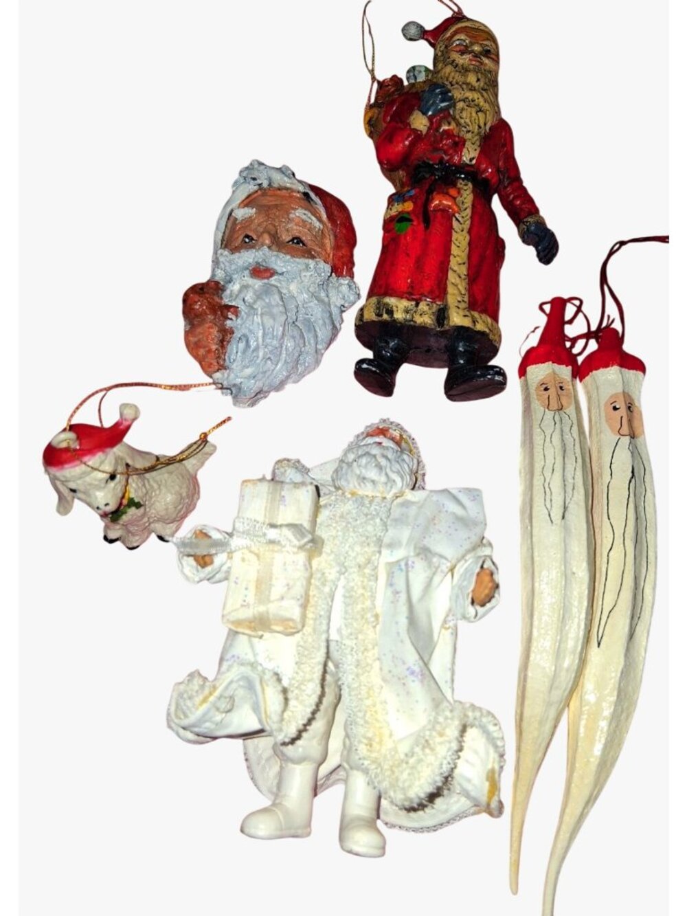 Vintage Santa Claus Christmas Ornaments Lot Of 6 Handcrafted Paper Mache Painted
